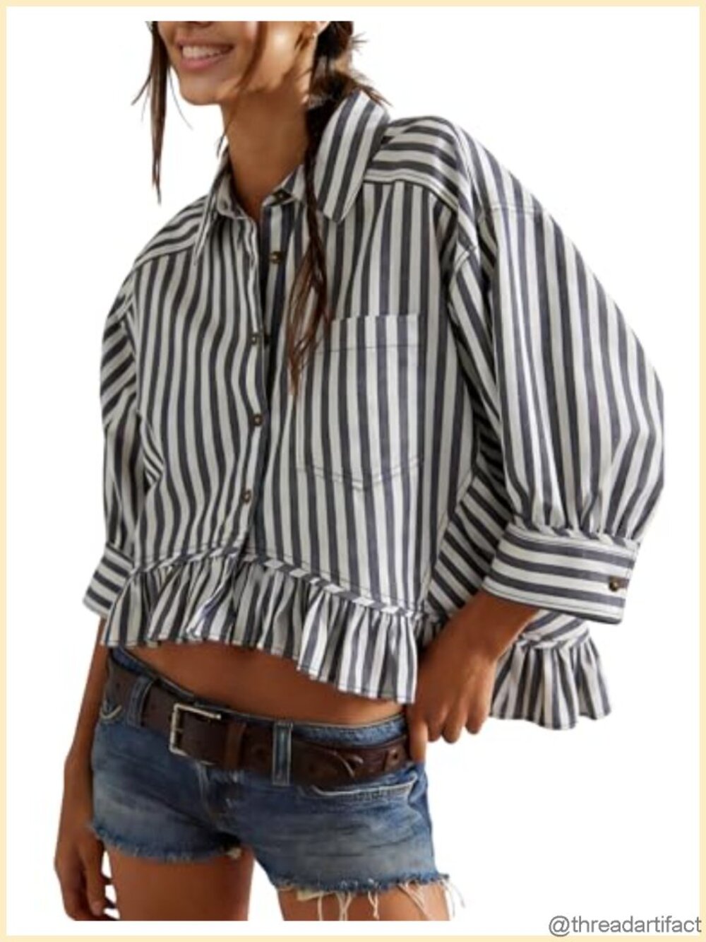 Womens Striped 3/4 Sleeve Blouse Loose V Neck Button Down Ruffle Hem Top w